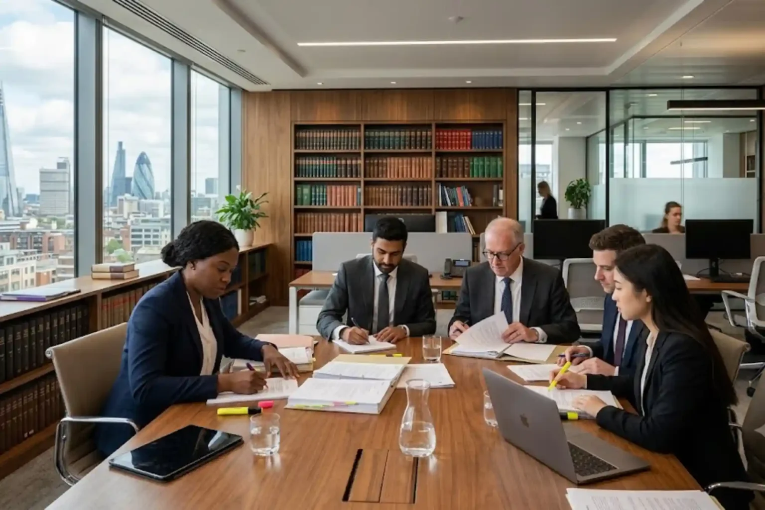 British legal professionals discussing UK law concepts inside a modern law office
