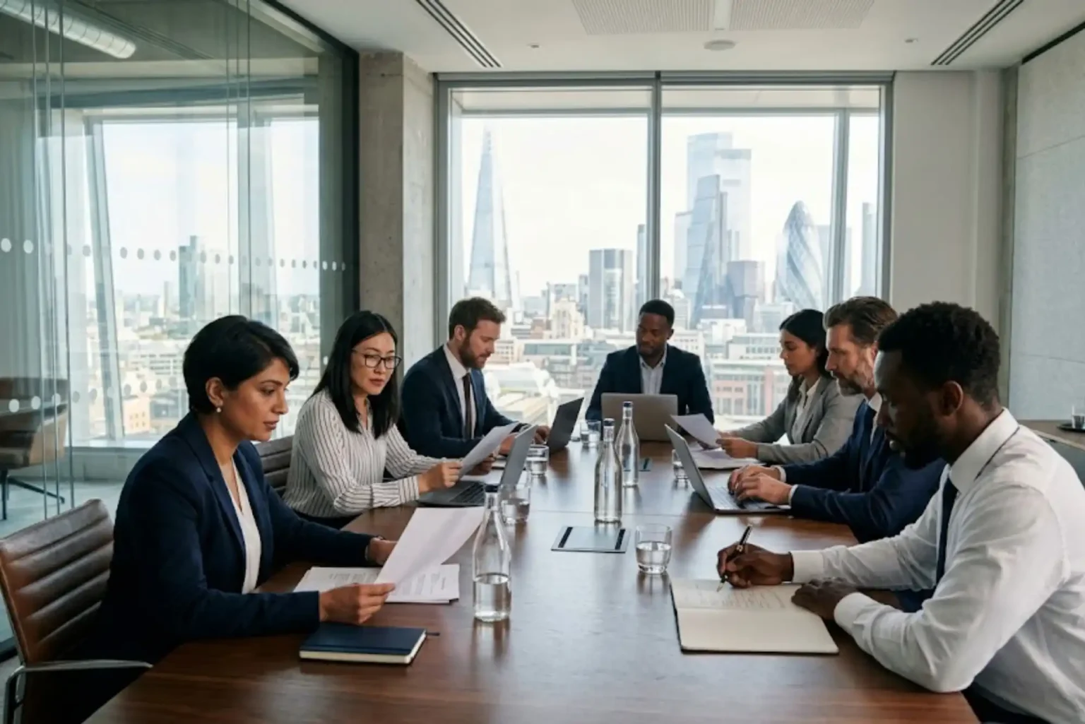 UK business professionals reviewing legally binding contracts in a modern office