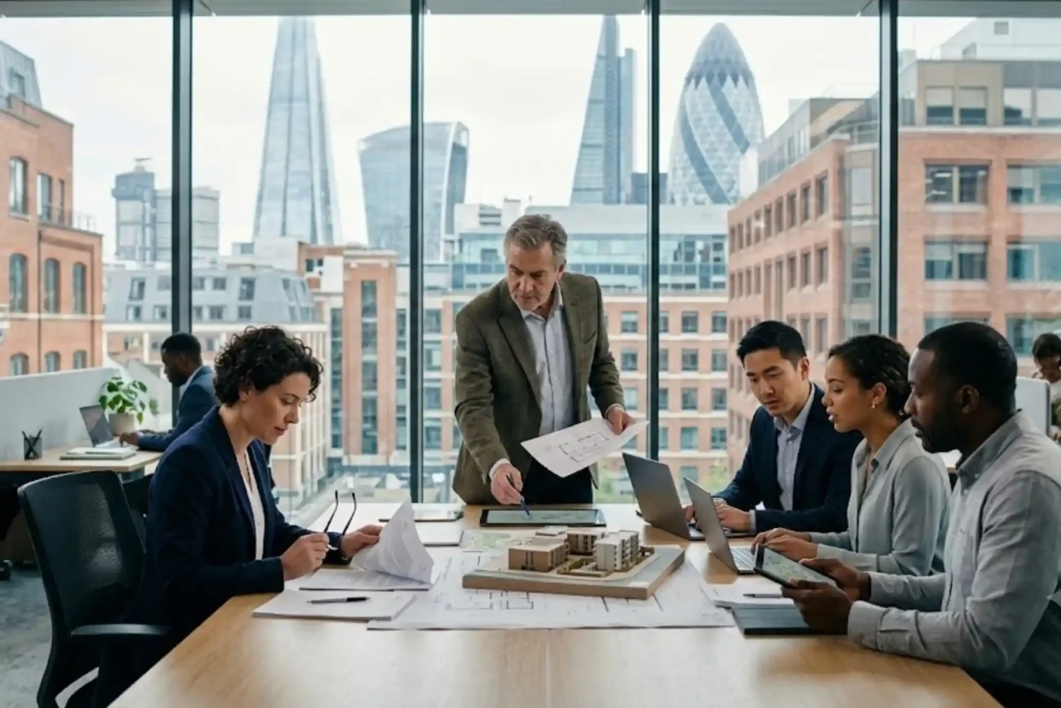 British property professionals reviewing land ownership and property law documents in a modern office