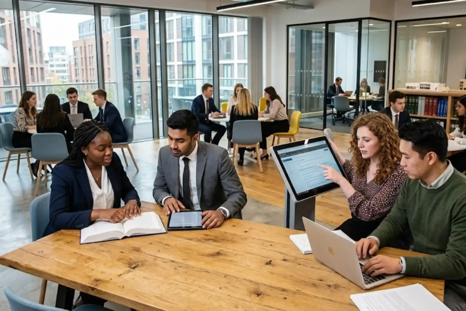 British law students and legal professionals working together in a modern legal learning environment