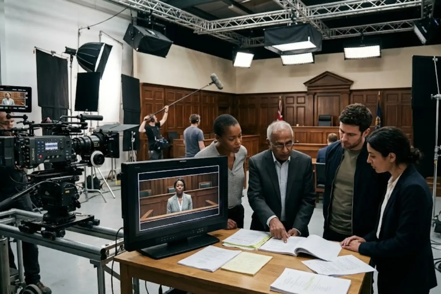 British film production team creating a legal drama inside a modern studio