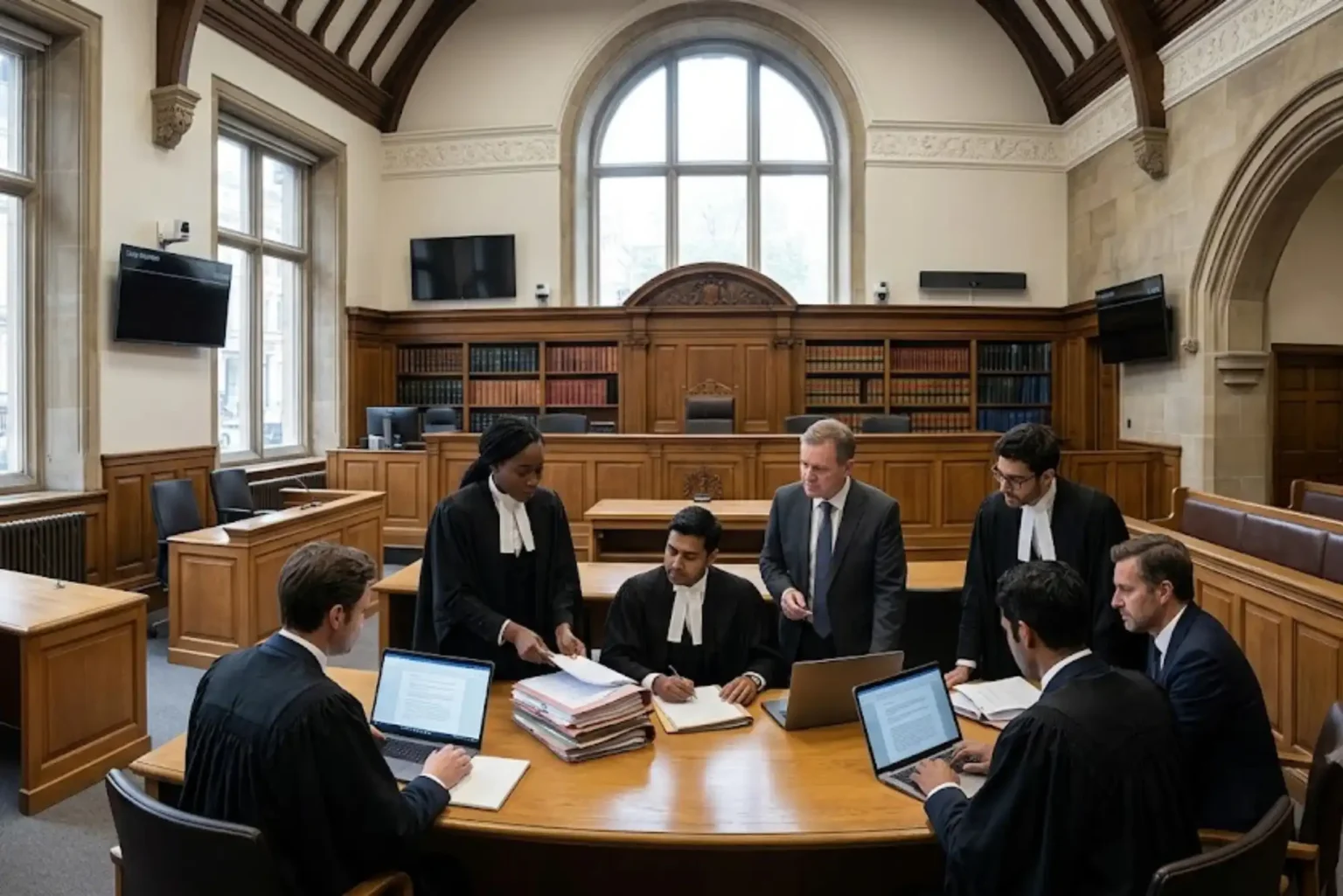 UK legal professionals discussing common law principles and judicial precedents