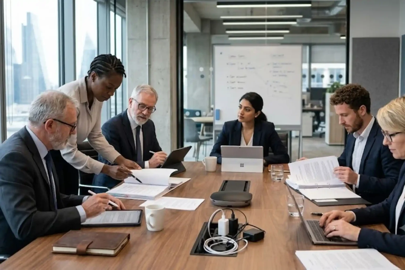 British professionals reviewing contracts in a modern legal business environment