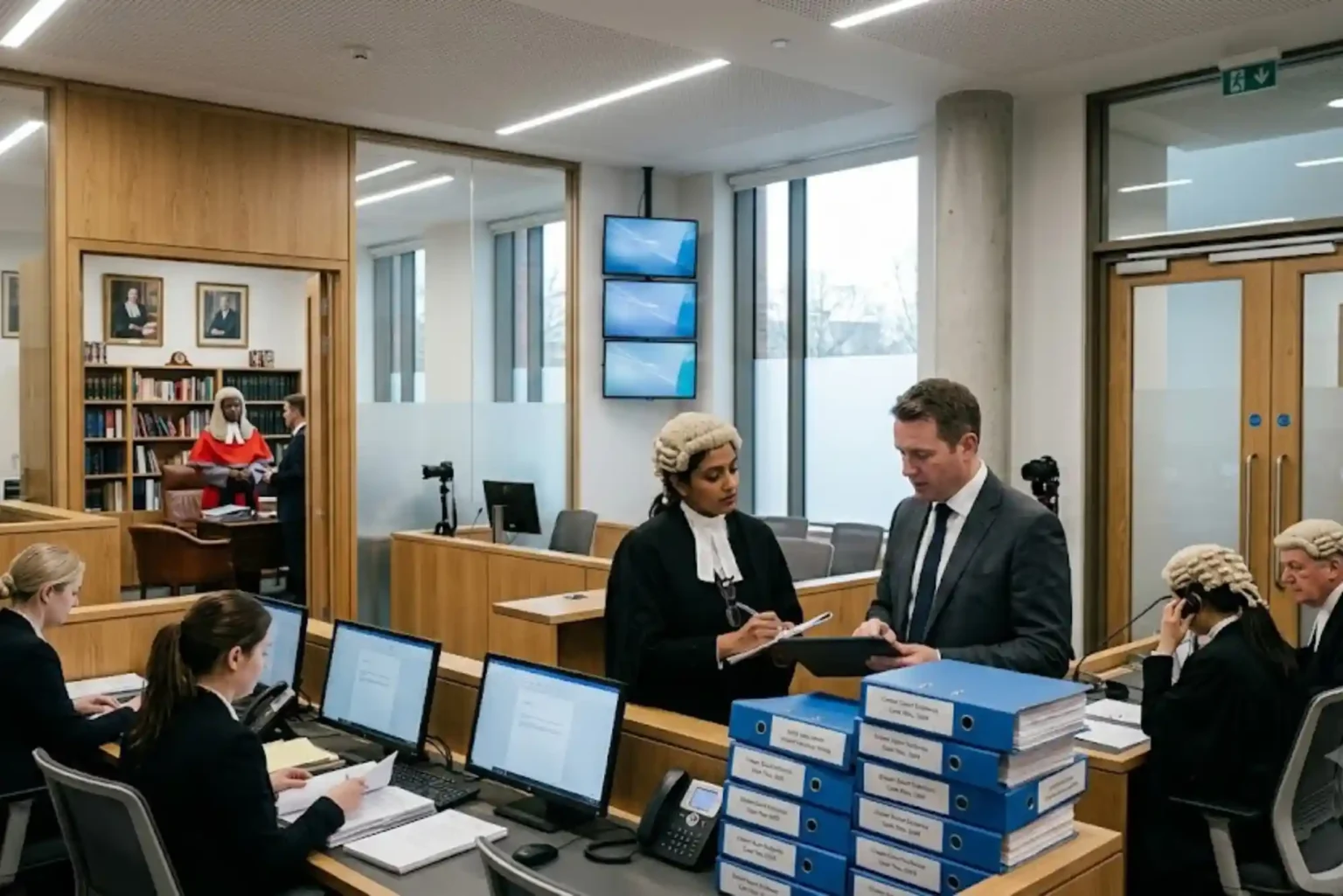 Modern UK criminal court environment with legal professionals discussing criminal law procedures