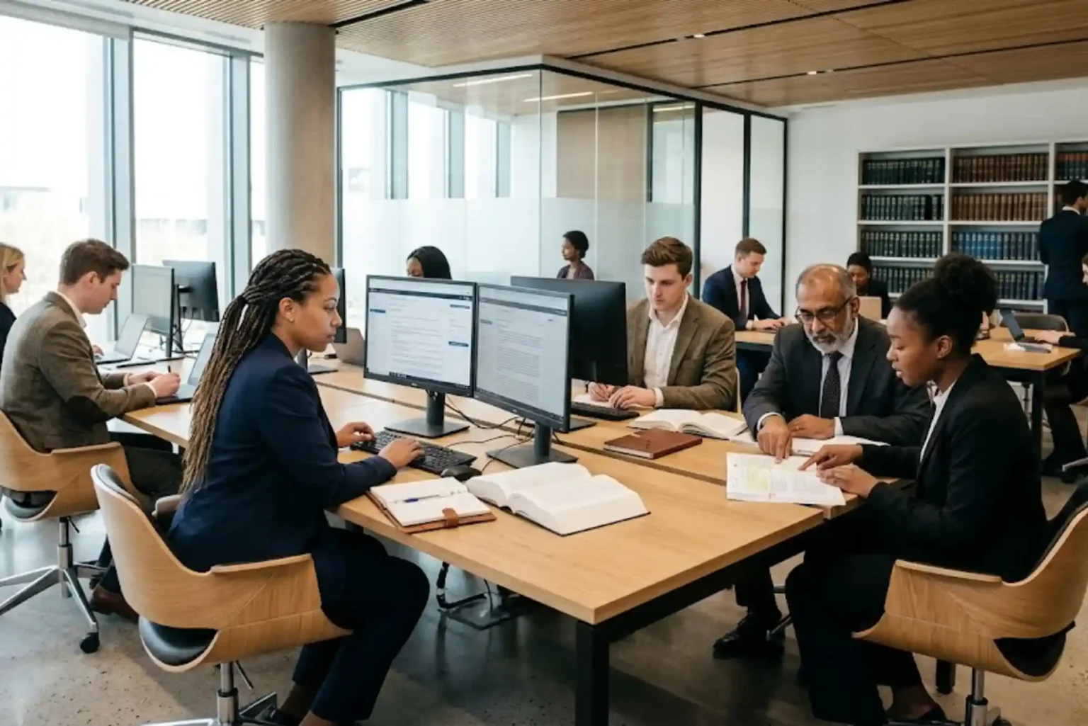 British legal professionals researching case law inside a modern legal workspace