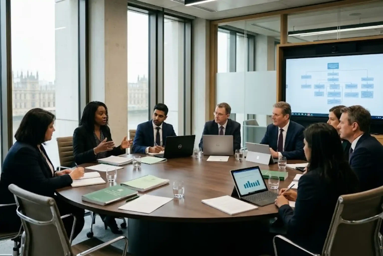 What Is Public Law in the UK? Understanding Legislation, Statutes and Government Powers British legal professionals discussing UK legislation and public law in a modern government office