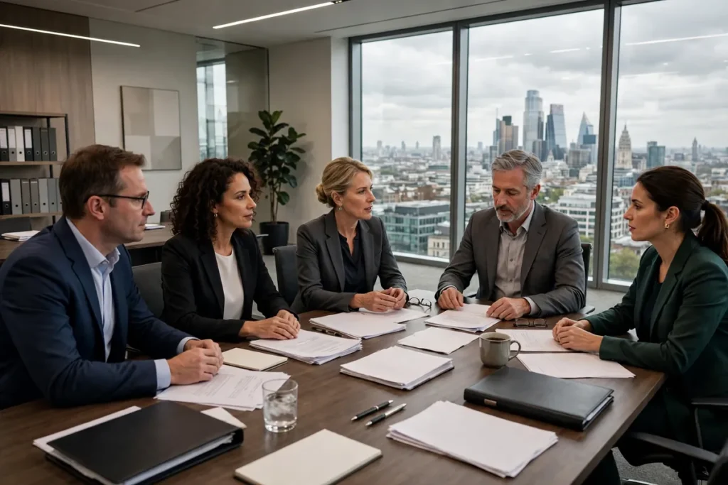 Alternative Business Structures: A UK Guide for Law Firms, Clients and Investors Partners and managers discussing an alternative business structure at a UK law firm