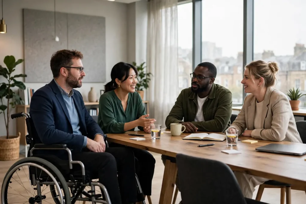 Disability Discrimination Law Firm: UK Rights Guide Employee in a wheelchair at an inclusive UK workplace meeting — disability discrimination law firm