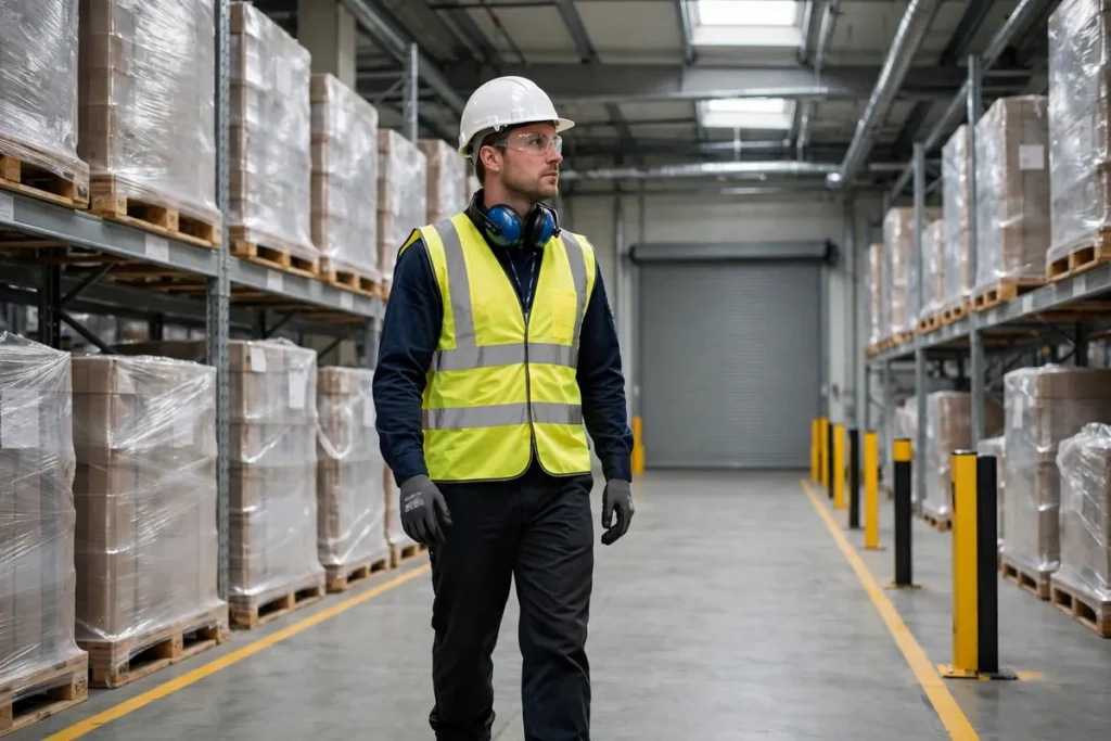 employee responsibilities health and safety — UK worker wearing PPE correctly in a warehouse