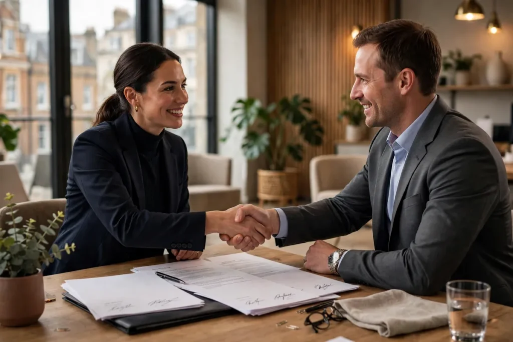 Employment Agreements Employer and employee finalising an employment agreement in a UK office