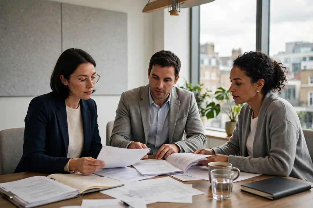 What Is Employment Law? A Complete Guide to UK Employment Law What is employment law: three people reviewing employment documents at a table in a UK office