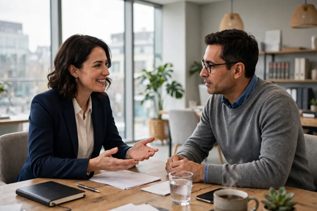 Free employment law advice UK — legal adviser talking with a client in a law office
