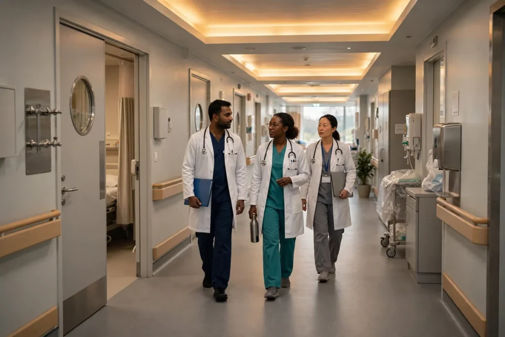 Healthcare law in the UK: NHS clinicians in a hospital corridor
