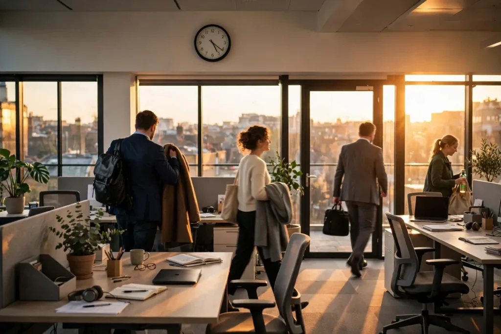 Working time regulation UK: office workers finishing their working day under the Working Time Regulations 1998
